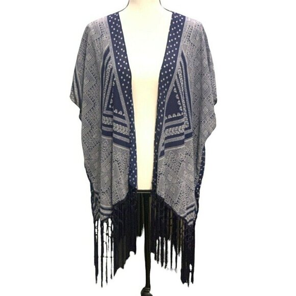 Maurices Womens Open Front Fringe Bottom Cardigan Size S/M Sleeve Blue White - Picture 3 of 12